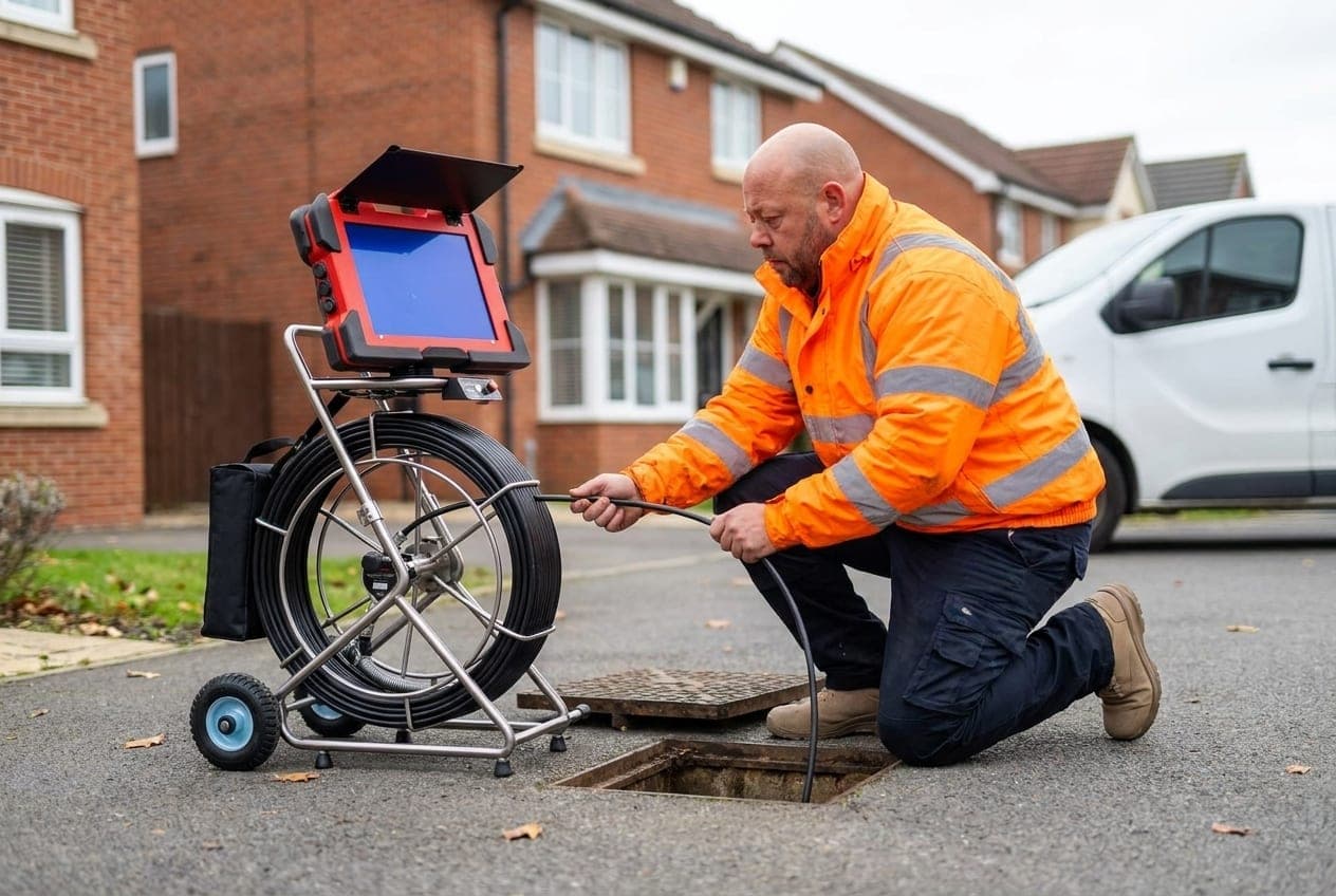 A drainage engineer feeding a CCTV camera from the iTouch reel into an outdoor inspection chamber to inspect a recurring blockage outside a Yorkshire home