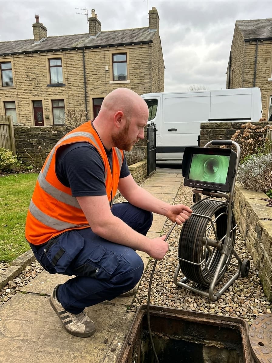 Drainage engineer clearing a blocked drain outside a Yorkshire terrace house