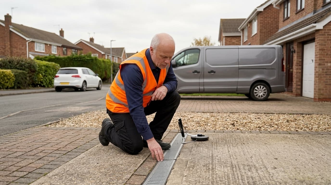 Drainage engineer inspecting a linear channel drain on a residential driveway in Yorkshire
