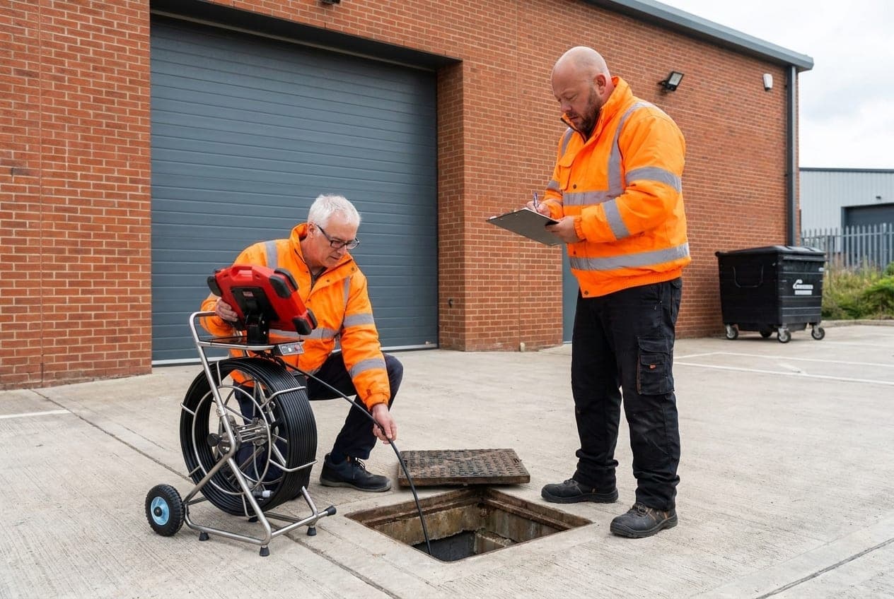 Two drainage engineers in orange hi-vis carrying out a planned commercial drainage maintenance survey, inspecting an open chamber with a CCTV camera in a commercial service yard in Yorkshire