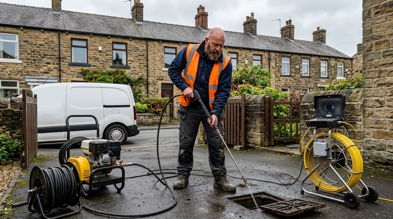 Drainage engineer with high-pressure jetting equipment and CCTV drain camera on a Yorkshire residential driveway