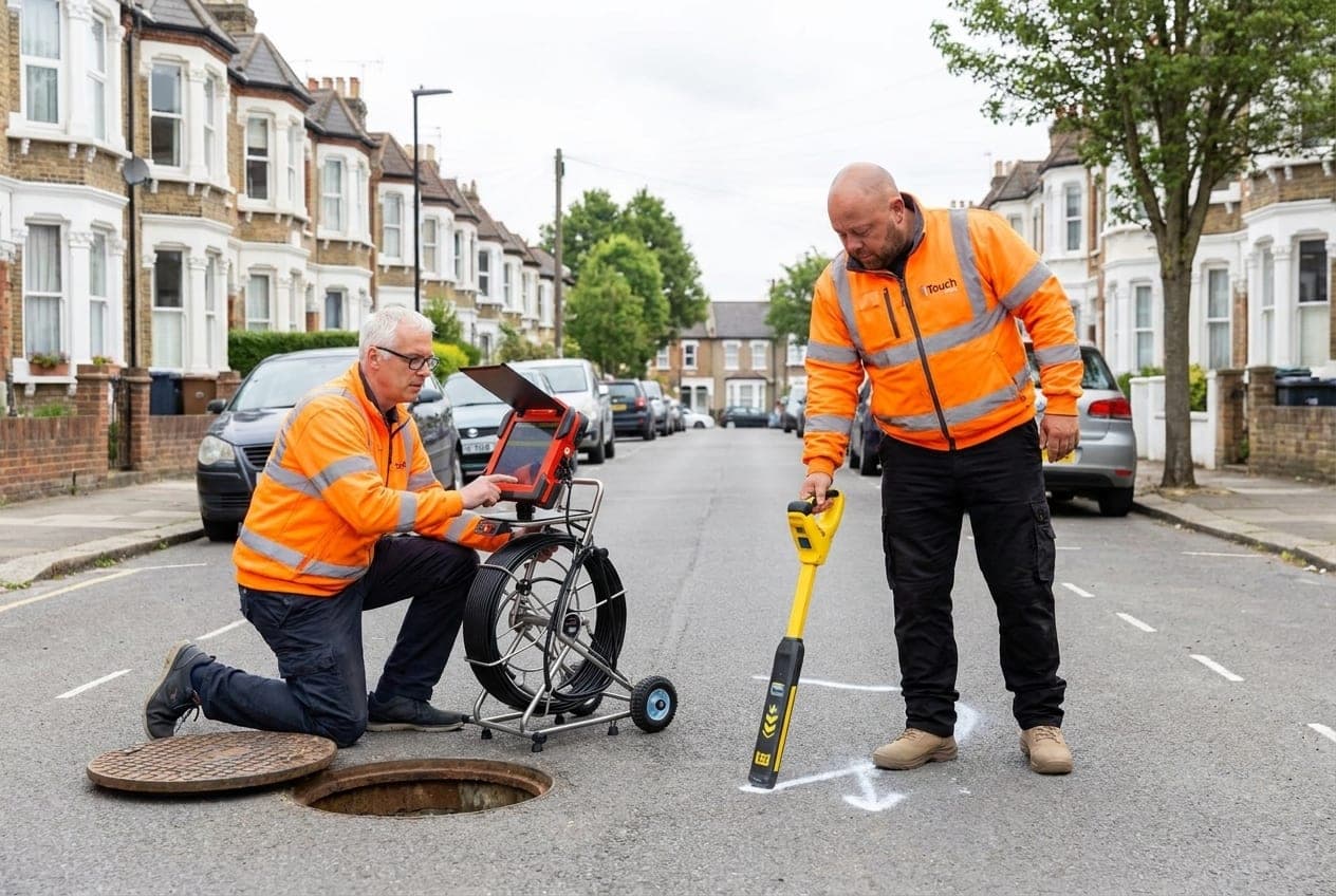 Two drainage engineers mapping an underground drain on a Yorkshire street — one operating the CCTV camera reel at an open inspection chamber, the other tracing the route with a locator wand