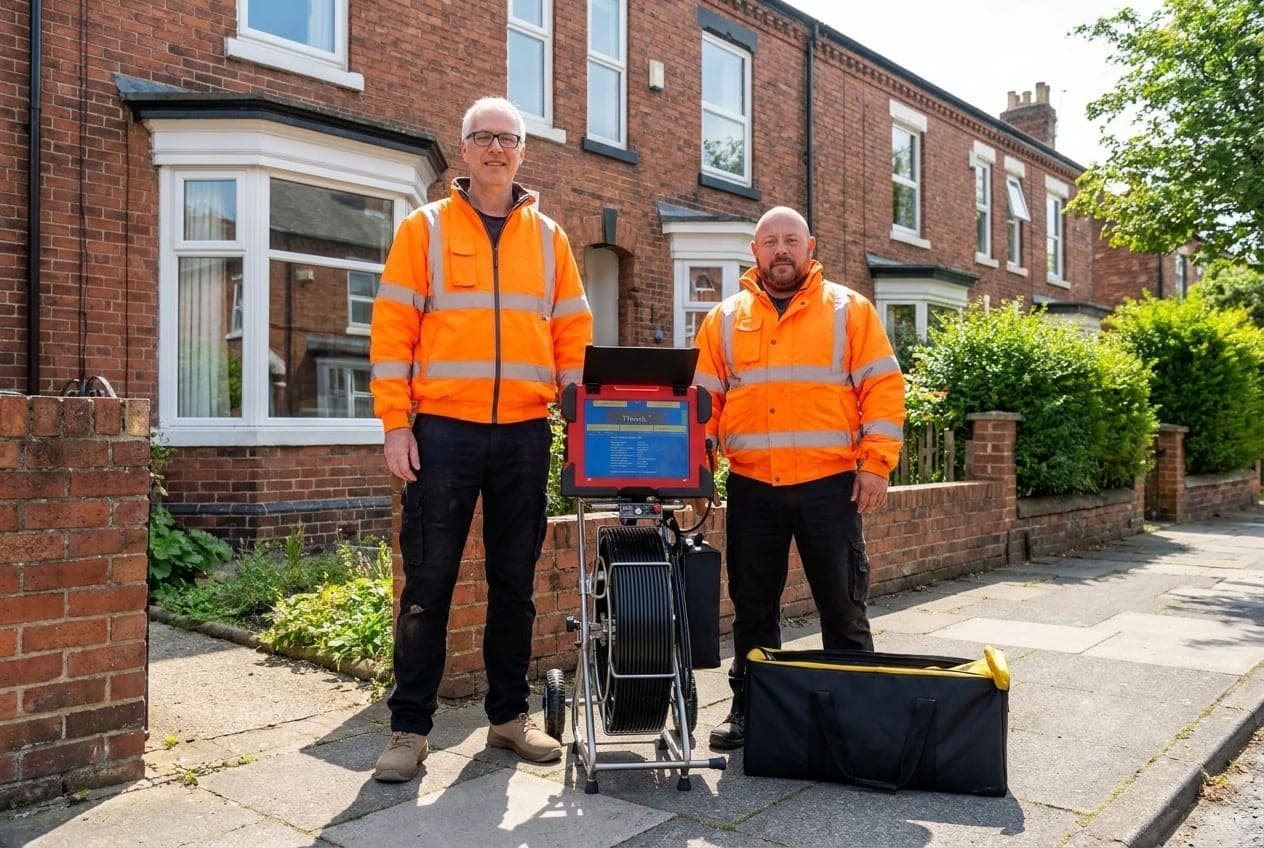 Two drainage engineers with their iTouch CCTV survey kit outside a red-brick terraced home in the East Riding of Yorkshire