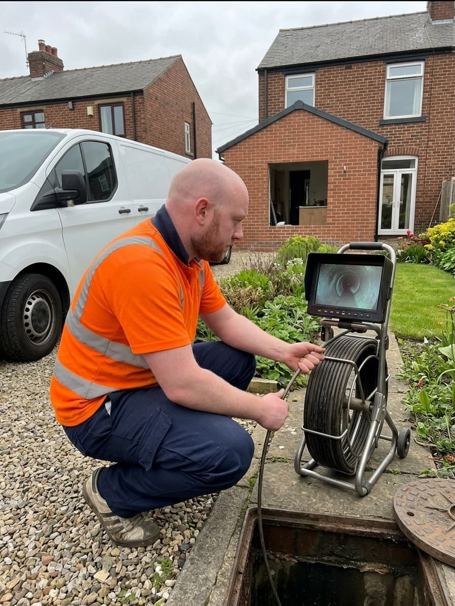 CCTV camera being fed through an inspection chamber to map a sewer route before a home extension