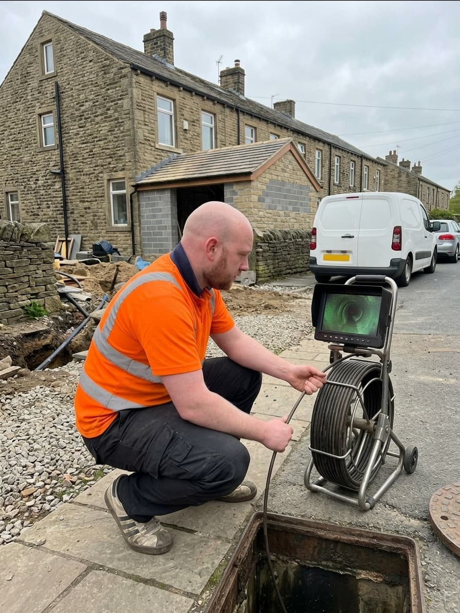 Engineer conducting a CCTV drain survey outside a Yorkshire house being extended