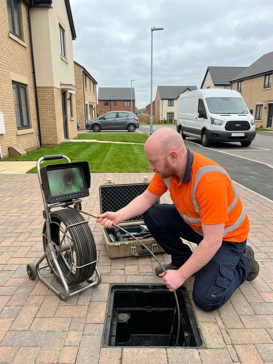 Drainage engineer kneeling beside an open inspection chamber on a new build driveway, feeding a CCTV camera cable into the drain