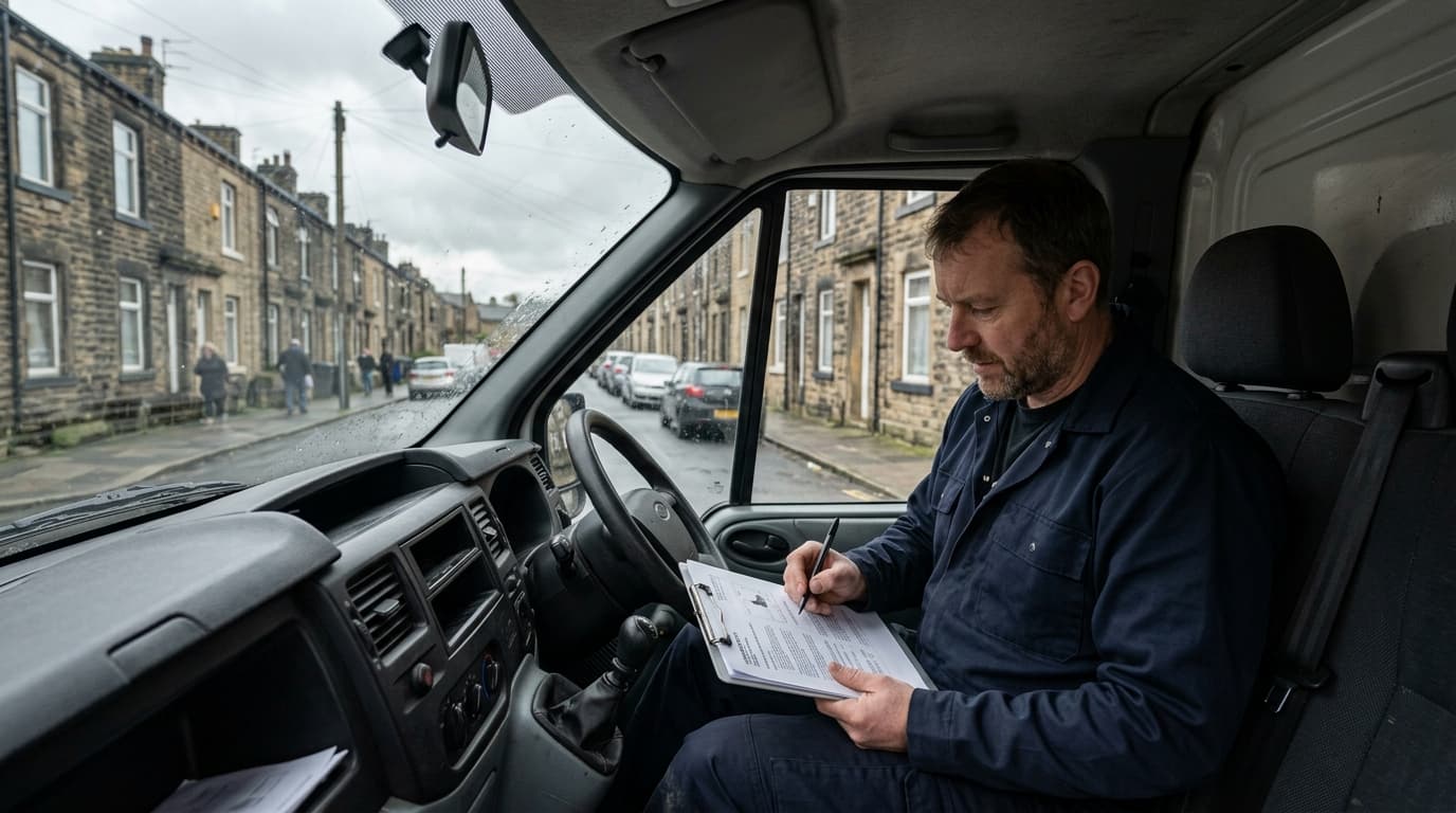 Drainage engineer reviewing a printed CCTV drain survey report on a clipboard beside a Yorkshire terraced street