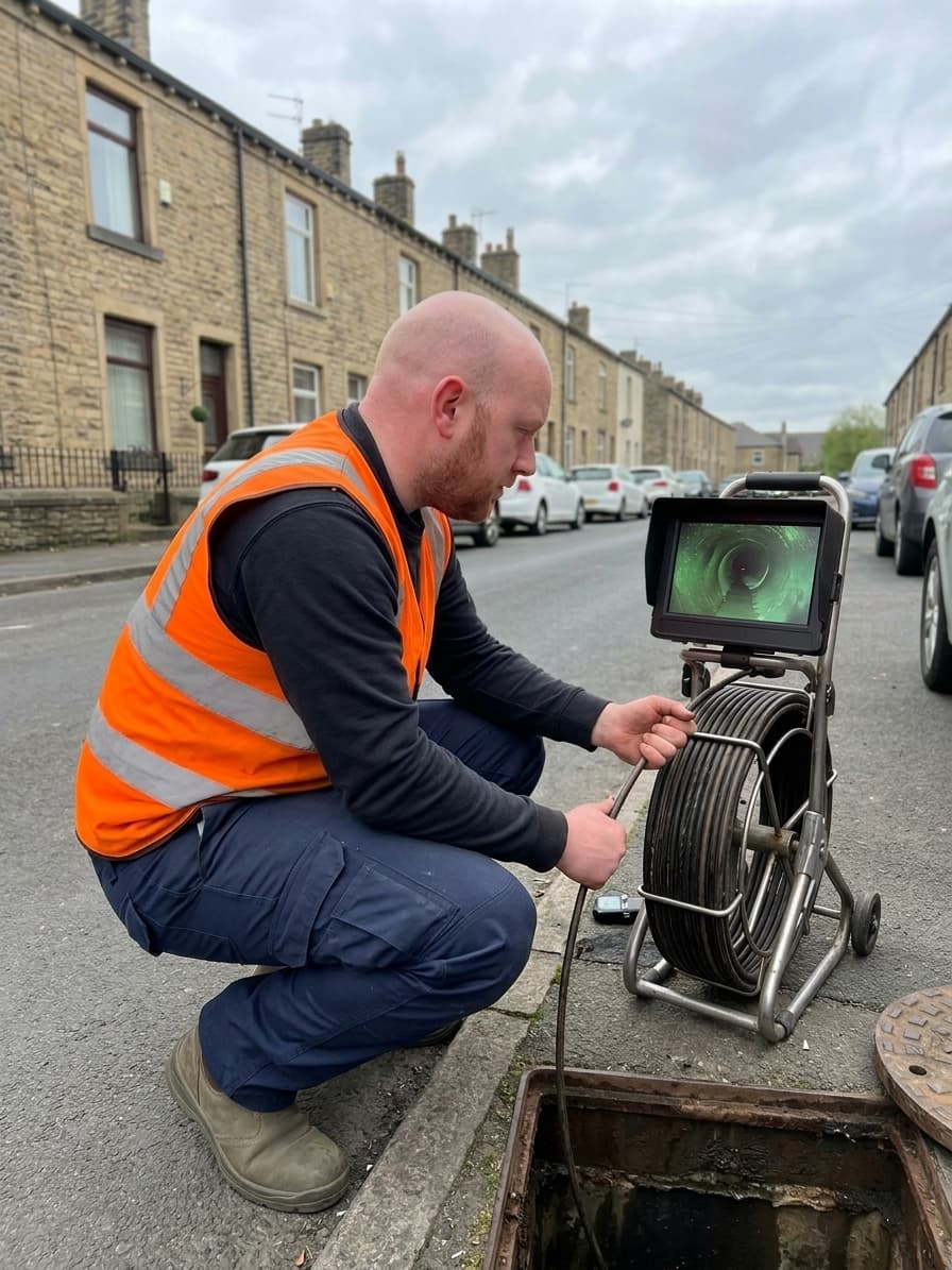 Drain survey engineer feeding a CCTV camera cable into an inspection chamber on a Sheffield terraced street