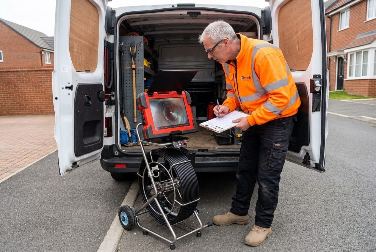 Drainage engineer reviewing CCTV survey footage on a monitor to prepare evidence for an insurance claim