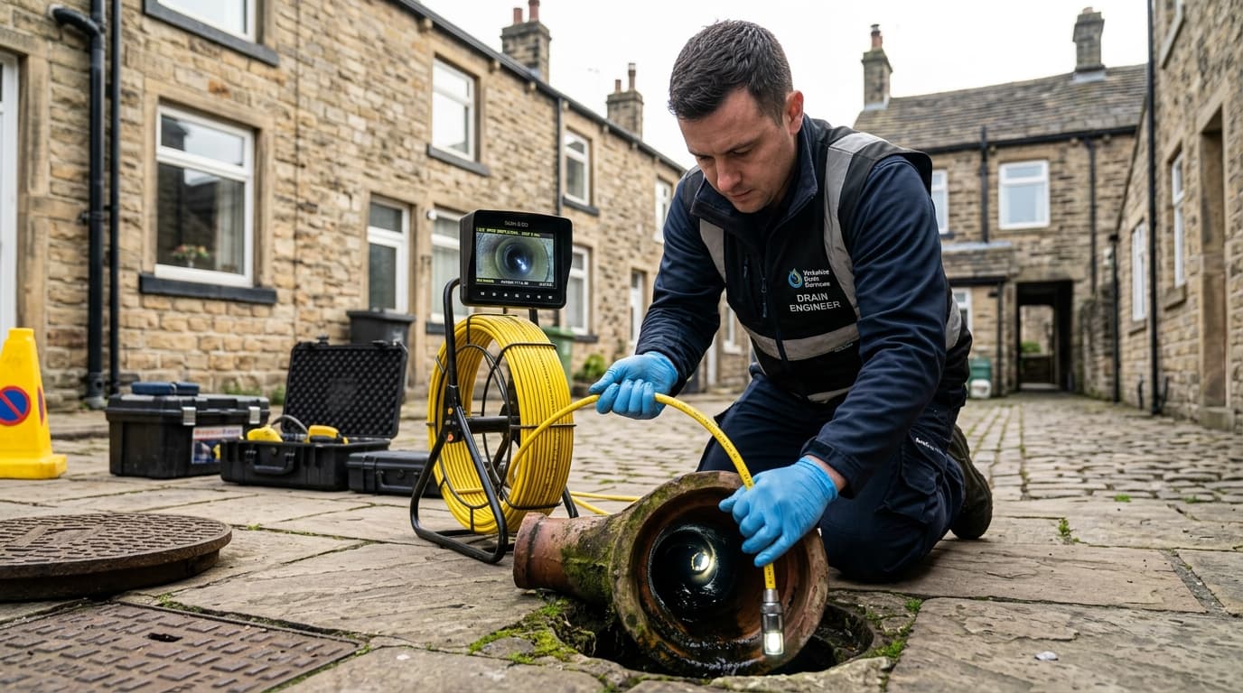 CCTV drain survey camera being fed into an inspection chamber outside a Yorkshire home