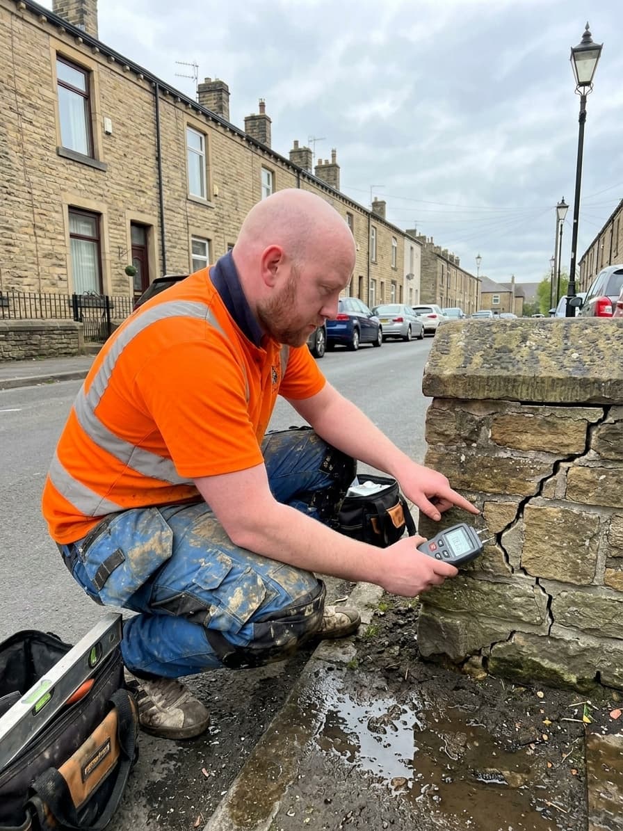 Cracks in the brickwork of a Yorkshire stone terrace caused by subsidence from leaking drains