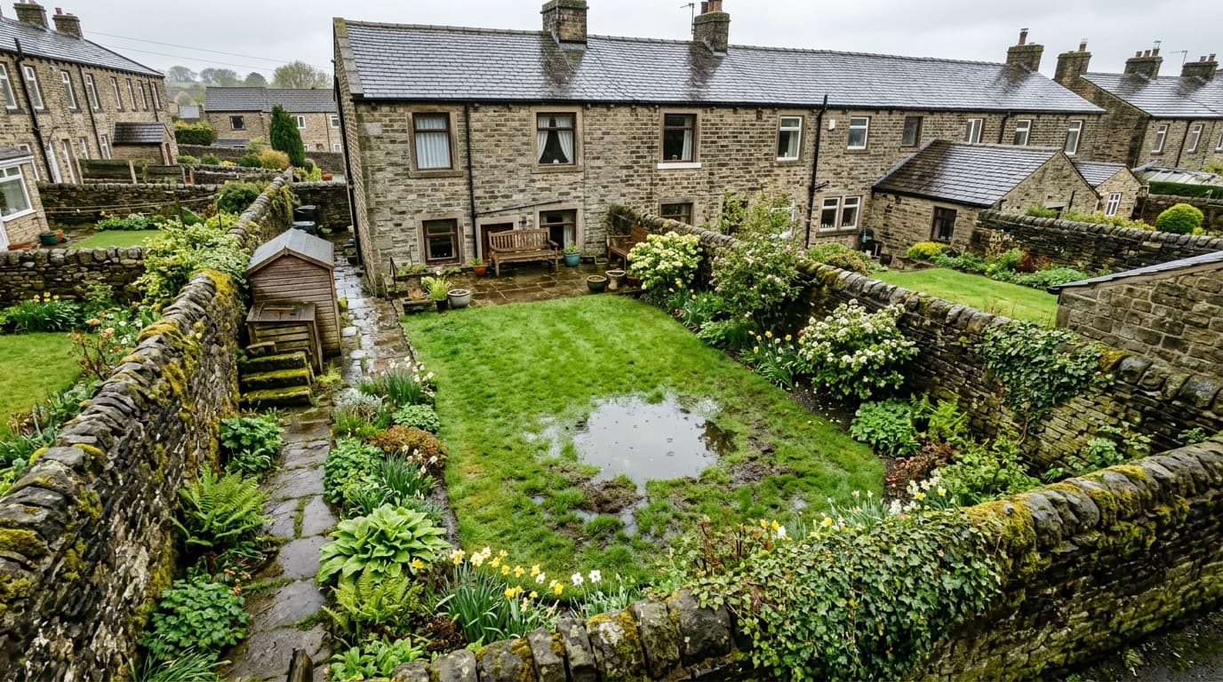 Waterlogged back garden behind a Yorkshire stone terrace house with pooling rainwater near a failed soakaway