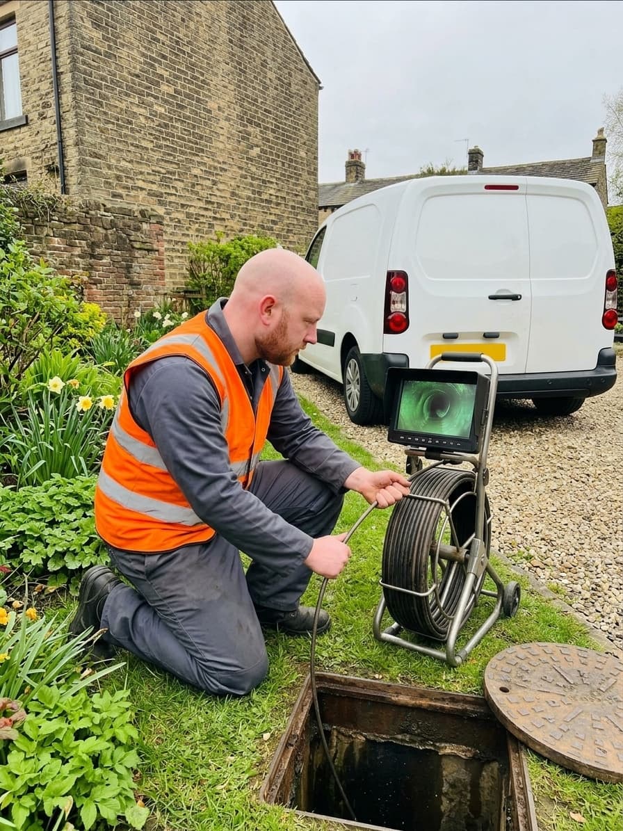 A drainage engineer inspecting a drain cover in a Yorkshire residential garden in spring