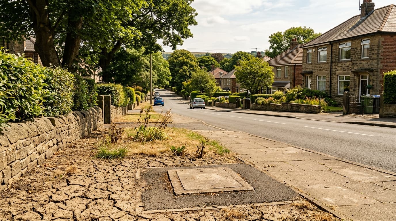 Dry cracked soil next to a drain inspection cover on a Yorkshire residential street in summer