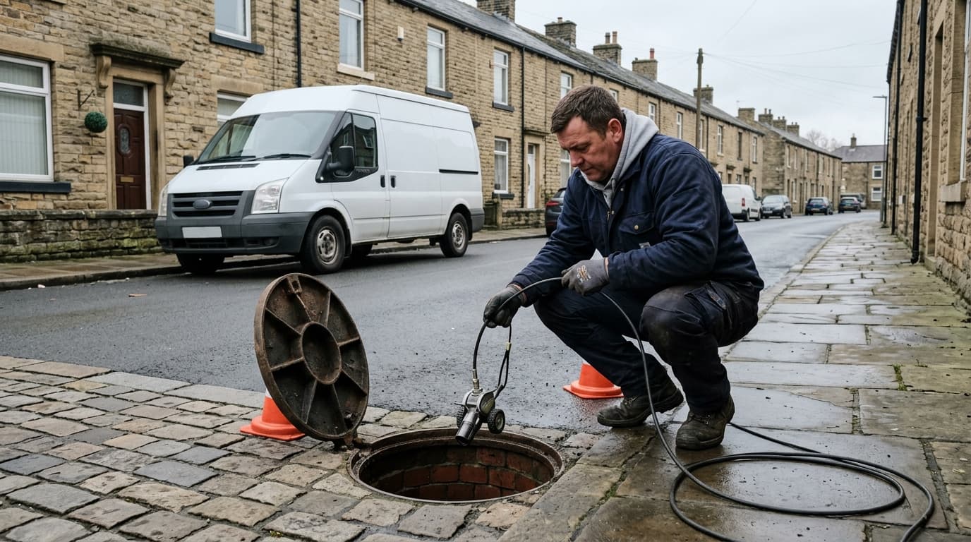 Drain survey engineer lowering a CCTV camera crawler into an open manhole on a Yorkshire residential street