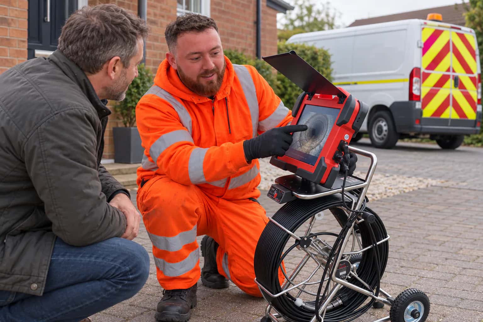 Jordan Horner showing a customer the iTouch screen and explaining a drain survey at a property.